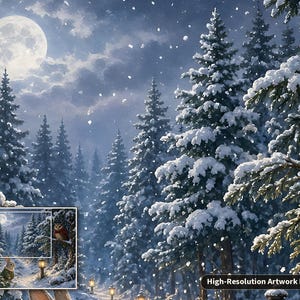 May include: A winter forest scene featuring snow-covered pine trees under a bright full moon. The artwork displays a snowy path, glowing lanterns, and falling snowflakes. A small inset box shows the full composition with a fox and rabbit.