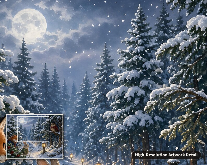 May include: A winter forest scene featuring snow-covered pine trees under a bright full moon. The artwork displays a snowy path, glowing lanterns, and falling snowflakes. A small inset box shows the full composition with a fox and rabbit.