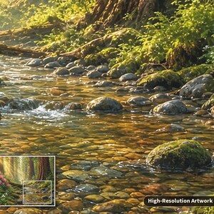 May include: A detailed artwork depicting a shallow, clear stream flowing over smooth, moss-covered river stones. Sunlight filters through the dense forest canopy, illuminating the water and the surrounding greenery. Text reads High-Resolution Artwork Detail.