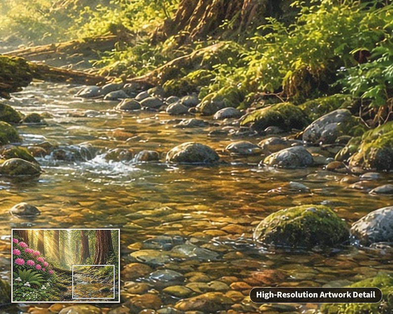 May include: A detailed artwork depicting a shallow, clear stream flowing over smooth, moss-covered river stones. Sunlight filters through the dense forest canopy, illuminating the water and the surrounding greenery. Text reads High-Resolution Artwork Detail.