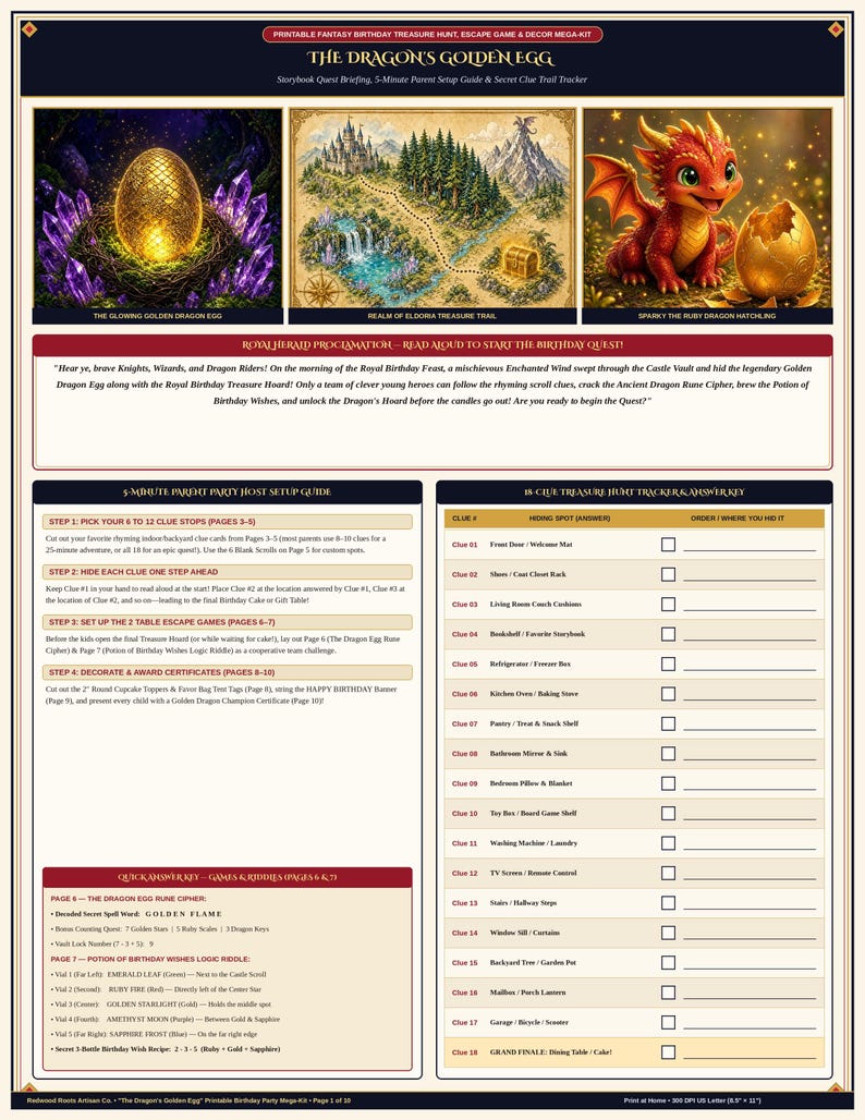 May include: A printable fantasy birthday treasure hunt kit titled The Dragon's Golden Egg. It includes a Royal Herald Proclamation, a parent setup guide, a clue tracker, and illustrations of a glowing golden egg, a map, and a red dragon.