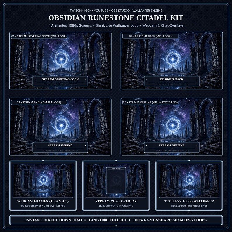 May include: Obsidian Runestone Citadel Kit digital asset pack featuring four animated 1080p screens, a live wallpaper loop, webcam frames, and chat overlays. The dark blue fantasy theme displays glowing portals, stone arches, and starry skies.