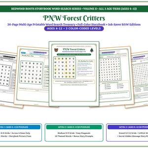 Könnte beinhalten: Eine 36-seitige, druckbare Wortsuch-Sammlung mit dem Titel PNW Forest Critters, die drei farbcodierte Schwierigkeitsstufen für Kinder von 4 bis 12 Jahren bietet. Das Set enthält farbige Bilderbuchseiten sowie schwarz-weiße Druckversionen.
