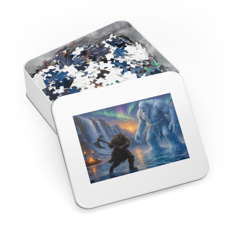 Frost Giant Clash Fantasy Jigsaw Puzzle in Tin, 1000 or 500 Pieces, Viking Berserker vs Ice Giant RPG Gift image 3