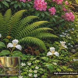 May include: A detailed artwork depicting a lush forest floor with vibrant green ferns, white trillium flowers, and clusters of pink rhododendrons. A small inset box shows the full forest scene with tall trees and sunlight, labeled High-Resolution Artwork Detail.