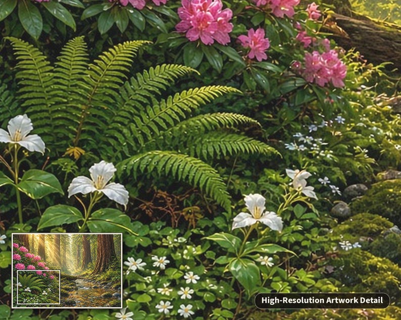 May include: A detailed artwork depicting a lush forest floor with vibrant green ferns, white trillium flowers, and clusters of pink rhododendrons. A small inset box shows the full forest scene with tall trees and sunlight, labeled High-Resolution Artwork Detail.