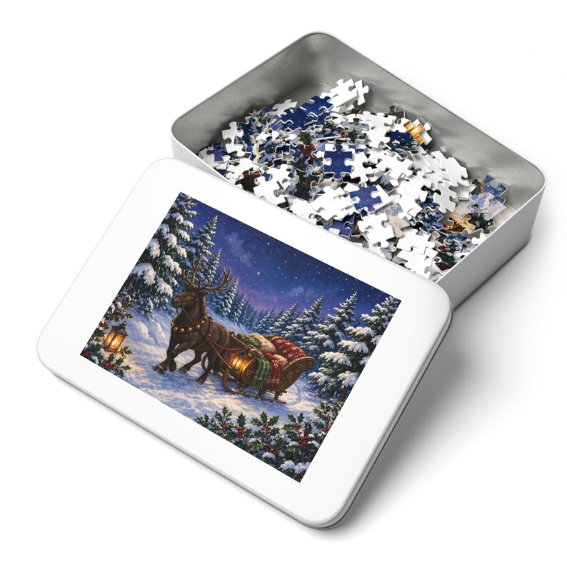 Cozy Cottage Seasons Reindeer Sleigh Jigsaw Puzzle, Christmas Night, Tin Box (252 Pieces) image 3