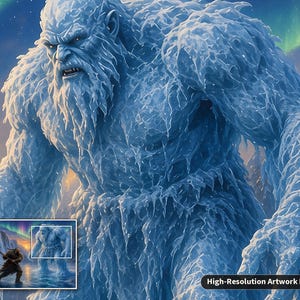 May include: A large, muscular creature composed of jagged blue ice and frost, featuring a thick beard and glowing eyes. The figure stands against a backdrop of a vibrant green aurora borealis in a cold, wintry landscape with snowy terrain.
