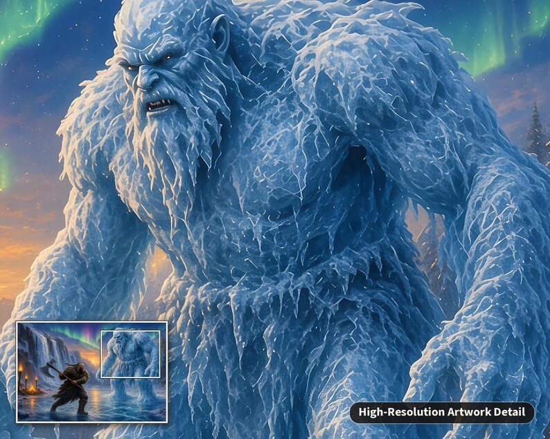 May include: A large, muscular creature composed of jagged blue ice and frost, featuring a thick beard and glowing eyes. The figure stands against a backdrop of a vibrant green aurora borealis in a cold, wintry landscape with snowy terrain.