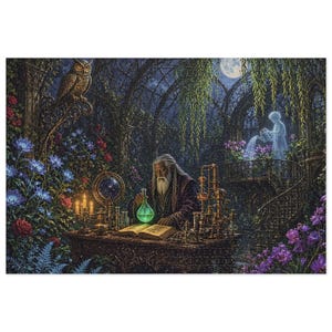 May include: A fantasy illustration featuring a bearded figure in a dark robe at a desk with a glowing green flask, an open book, and laboratory glassware. An owl sits on a stone archway, while a translucent figure waters plants nearby.