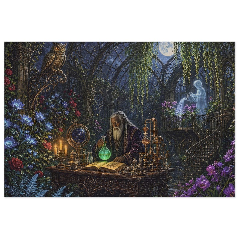 Haunted Alchemist Conservatory Gothic Fantasy Jigsaw Puzzle in Tin, 1000 or 500 Pieces, Gargoyles and Grimoires RPG Gift image 1