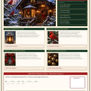 May include: A printable puzzle sheet titled The Snowy Cabin Window Number Riddles featuring a winter cabin scene, four riddle boxes with rhyming text, a field key for counting items, and a math formula to unlock a final digit for a game.