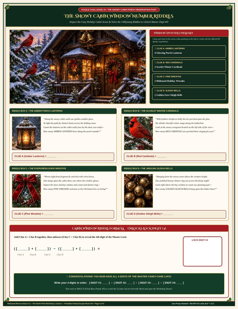 May include: A printable puzzle sheet titled The Snowy Cabin Window Number Riddles featuring a winter cabin scene, four riddle boxes with rhyming text, a field key for counting items, and a math formula to unlock a final digit for a game.