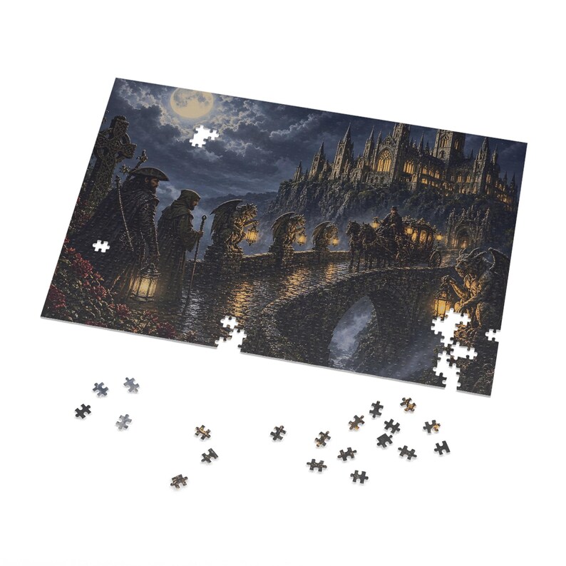 Gargoyle Bridge and Old Abbey Gothic Fantasy Jigsaw Puzzle in Tin, 1000 or 500 Pieces, Gargoyles and Grimoires RPG Gift image 2