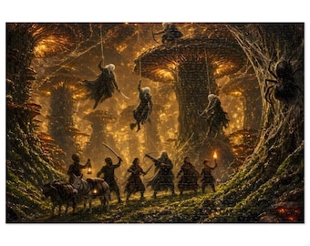 Dark Elf Ambush Fantasy Jigsaw Puzzle in Tin, 1000 or 500 Pieces, Giant Mushroom Forest Spider Puzzle Gift