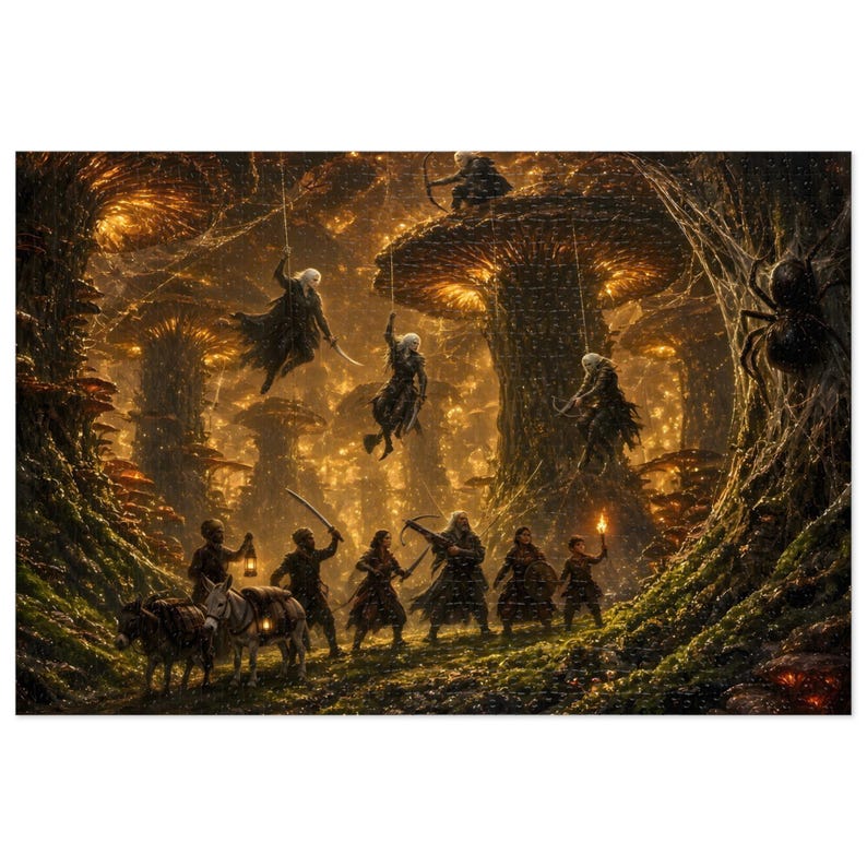 Dark Elf Ambush Fantasy Jigsaw Puzzle in Tin, 1000 or 500 Pieces, Giant Mushroom Forest Spider Puzzle Gift afbeelding 1