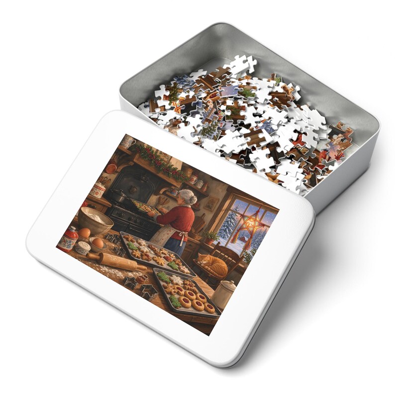Christmas Cookies Grandma's Baking Day Jigsaw Puzzle, Farmhouse Kitchen Christmas, Tin Box (252 Pieces) image 3