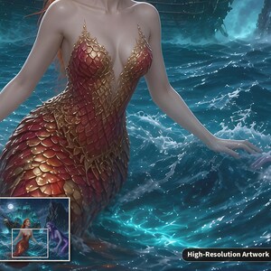 May include: A digital illustration of a mermaid with a red and gold scale tail and bodice, positioned in dark blue ocean water with white sea foam. The artwork features a small inset preview and the text High-Resolution Artwork Detail.