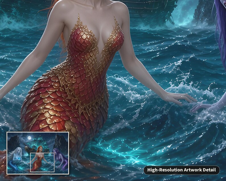 May include: A digital illustration of a mermaid with a red and gold scale tail and bodice, positioned in dark blue ocean water with white sea foam. The artwork features a small inset preview and the text High-Resolution Artwork Detail.