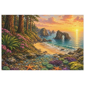 May include: A landscape jigsaw puzzle featuring a coastal scene at sunset with tall trees, pink flowers, and a sandy beach. The foreground shows a tide pool with orange starfish, green sea anemones, and purple coral on a rocky shore.