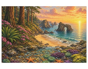 May include: A landscape jigsaw puzzle featuring a coastal scene at sunset with tall trees, pink flowers, and a sandy beach. The foreground shows a tide pool with orange starfish, green sea anemones, and purple coral on a rocky shore.