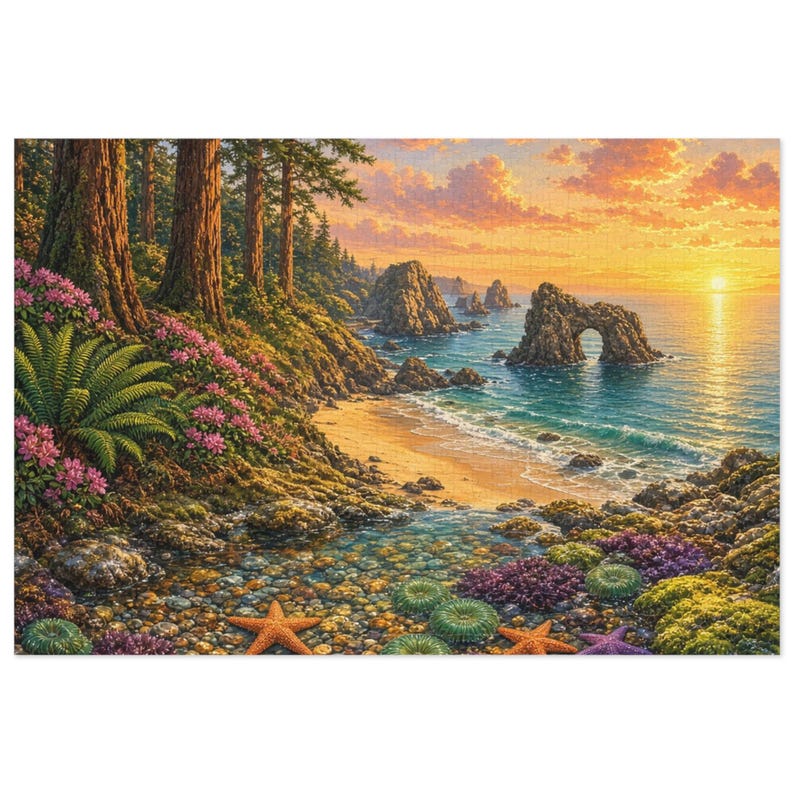 Redwood Secret Cove and Golden Sea Stacks Jigsaw Puzzle in Collectors Tin (500 and 1000 Piece) - Coastal Redwoods Beach - Redwood Roots image 1