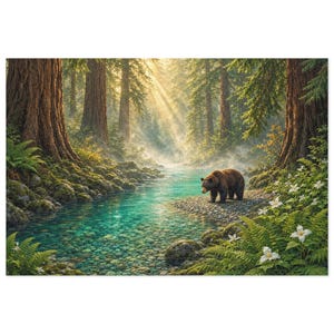 Misty Redwood River Bend and Black Bear Jigsaw Puzzle in Collectors Tin (500 and 1000 Piece) - Smith River Wildlife - Redwood Roots