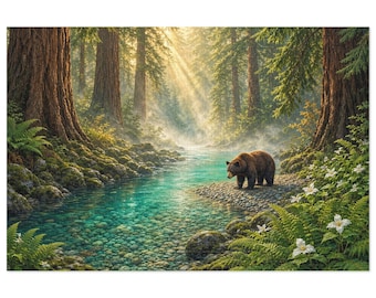 May include: A brown bear stands on a rocky riverbank in a sunlit forest. The clear turquoise water flows over smooth stones, surrounded by tall trees, green ferns, and white trillium flowers under soft, misty morning light.