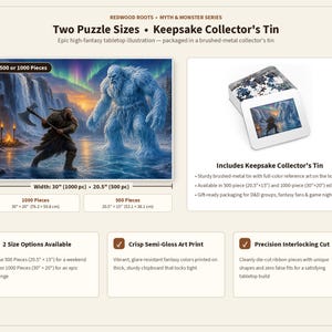 May include: A jigsaw puzzle from the Redwood Roots Myth & Monster series featuring a fantasy illustration of a warrior with an axe facing a large yeti. The set includes a brushed-metal collector's tin and is available in 500-piece or 1000-piece sizes.