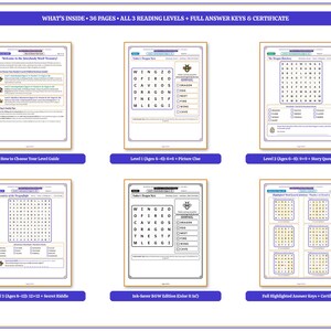 May include: A 36-page educational activity book featuring word search puzzles across three reading levels. Includes a level guide, answer keys, a certificate, and black and white pages. Text includes 'WHAT'S INSIDE', 'Level 1', 'Level 2', and 'Level 3'.