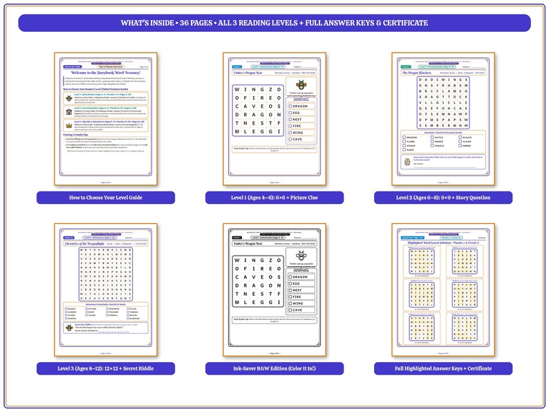 May include: A 36-page educational activity book featuring word search puzzles across three reading levels. Includes a level guide, answer keys, a certificate, and black and white pages. Text includes 'WHAT'S INSIDE', 'Level 1', 'Level 2', and 'Level 3'.