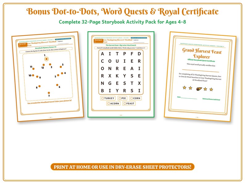 May include: A 32-page storybook activity pack featuring a dot-to-dot puzzle, a word search grid with words like Turkey and Pie, and a Grand Harvest Feast Explorer certificate. The pages include text for ages 4-8 and print-at-home instructions.