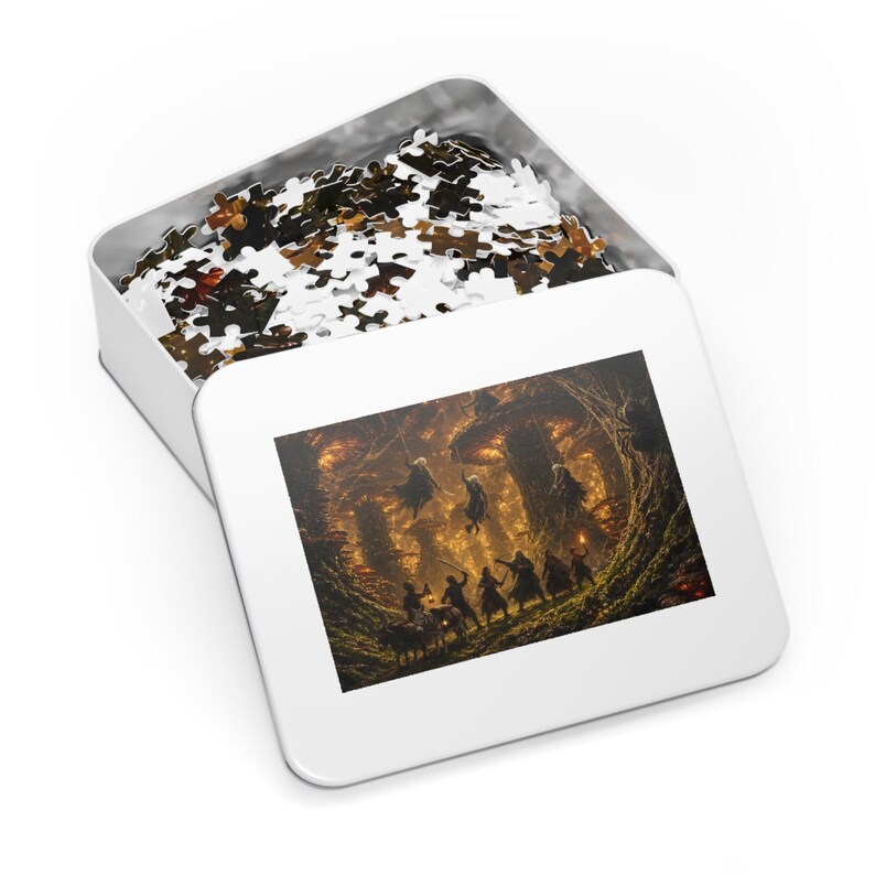 Dark Elf Ambush Fantasy Jigsaw Puzzle in Tin, 1000 or 500 Pieces, Giant Mushroom Forest Spider Puzzle Gift afbeelding 3
