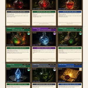 Pu&ograve; includere: Un foglio stampabile di nove carte oggetto per giochi di ruolo fantasy con illustrazioni di pozioni, elisir e una pergamena. Ogni carta mostra un oggetto magico unico, tra cui Potion of Healing, Elixir of Dragon's Breath e Scroll of Revivify.