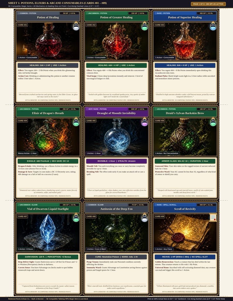Pu&ograve; includere: Un foglio stampabile di nove carte oggetto per giochi di ruolo fantasy con illustrazioni di pozioni, elisir e una pergamena. Ogni carta mostra un oggetto magico unico, tra cui Potion of Healing, Elixir of Dragon's Breath e Scroll of Revivify.