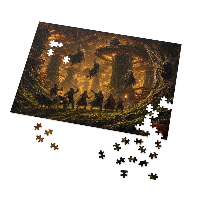 Dark Elf Ambush Fantasy Jigsaw Puzzle in Tin, 1000 or 500 Pieces, Giant Mushroom Forest Spider Puzzle Gift afbeelding 5