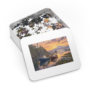 Pacific Northwest Coastal Fishing Boats and Lighthouse at Golden Hour Jigsaw Puzzle in Collector's Tin (500 and 1000 Piece) - Redwood Roots image 3