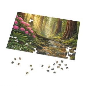 Cathedral of the Redwoods and Rhododendron Bloom Jigsaw Puzzle in Collectors Tin (500 and 1000 Piece) - Forest Sunbeams - Redwood Roots image 2