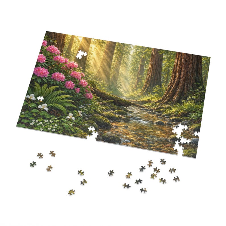 Cathedral of the Redwoods and Rhododendron Bloom Jigsaw Puzzle in Collectors Tin (500 and 1000 Piece) - Forest Sunbeams - Redwood Roots image 2