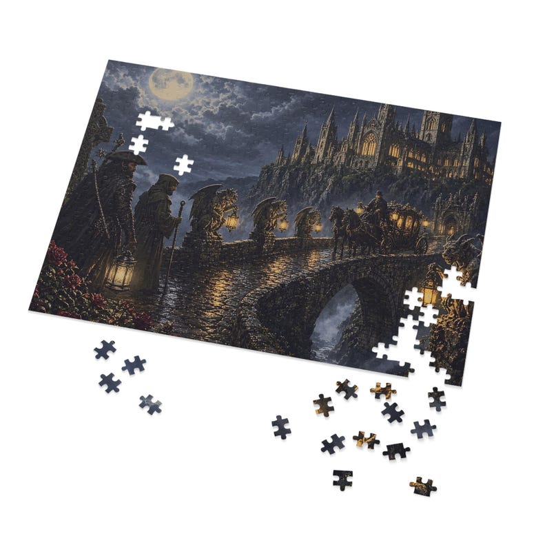 Gargoyle Bridge and Old Abbey Gothic Fantasy Jigsaw Puzzle in Tin, 1000 or 500 Pieces, Gargoyles and Grimoires RPG Gift image 5