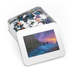 Moonlit Redwood Headland and Bioluminescent Cove Jigsaw Puzzle in Collectors Tin (500 and 1000 Piece) - Starry Coast Art - Redwood Roots image 3