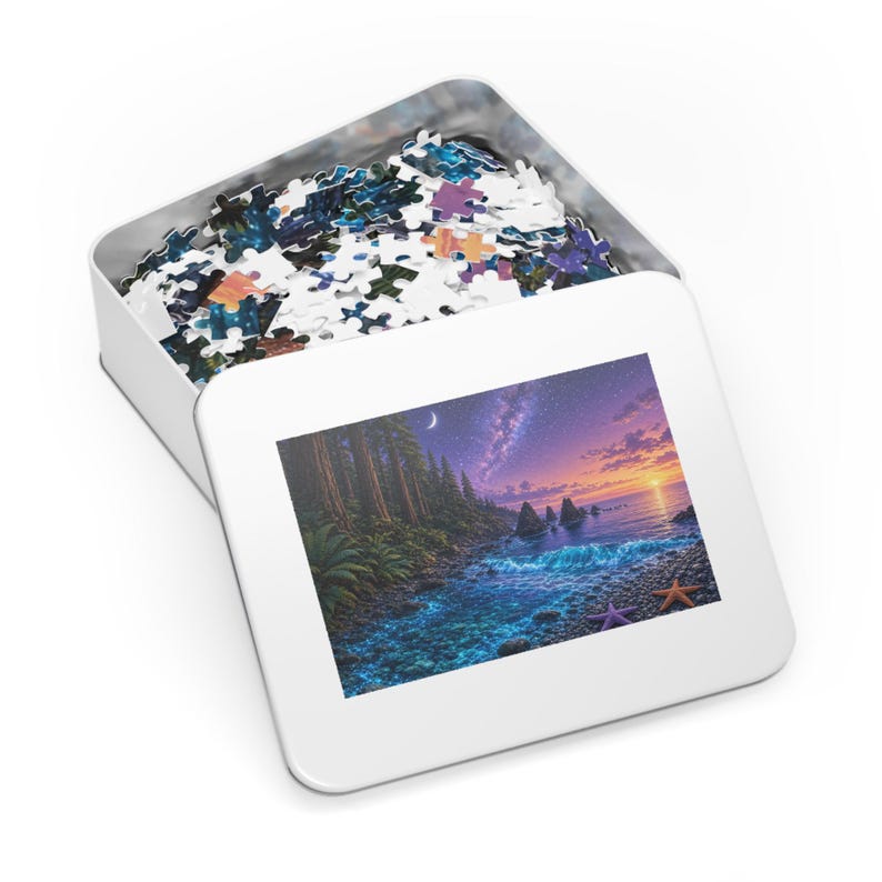 Moonlit Redwood Headland and Bioluminescent Cove Jigsaw Puzzle in Collectors Tin (500 and 1000 Piece) - Starry Coast Art - Redwood Roots image 3