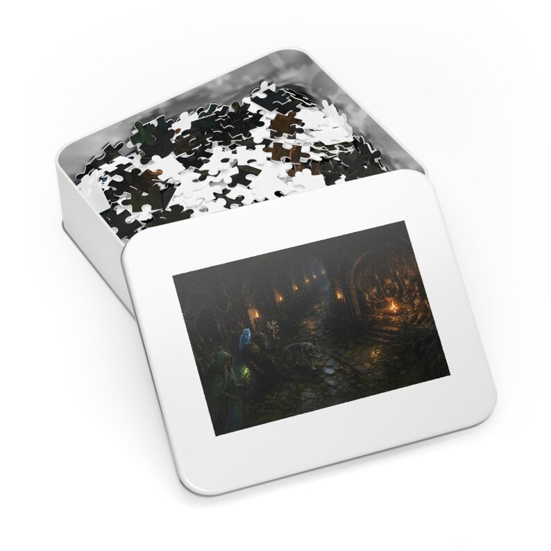 Druid Dungeon Fantasy Jigsaw Puzzle in Tin, 1000 or 500 Pieces, Wolf Companion Gnoll Lair Puzzle Gift image 3