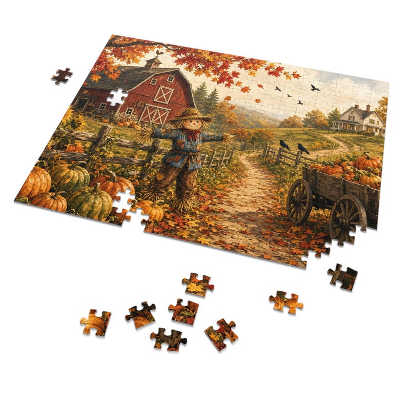 Cozy Cottage Seasons Pumpkin Patch Lane Jigsaw Puzzle, Scarecrow Farm, Tin Box (252 Pieces) image 2