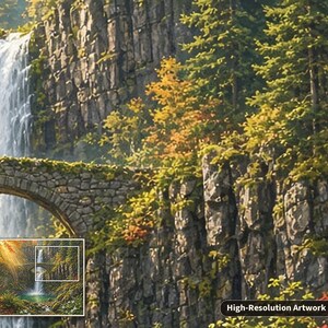 May include: A landscape painting featuring a tall waterfall cascading down a rocky cliffside next to a stone arch bridge surrounded by green and yellow trees. A small inset image shows the full scene with the text High-Resolution Artwork Detail.