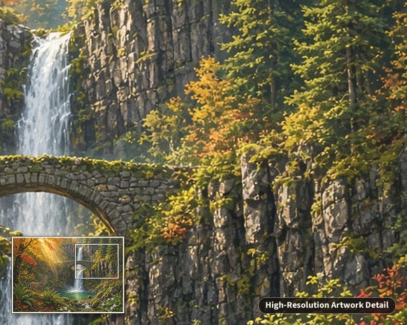 May include: A landscape painting featuring a tall waterfall cascading down a rocky cliffside next to a stone arch bridge surrounded by green and yellow trees. A small inset image shows the full scene with the text High-Resolution Artwork Detail.