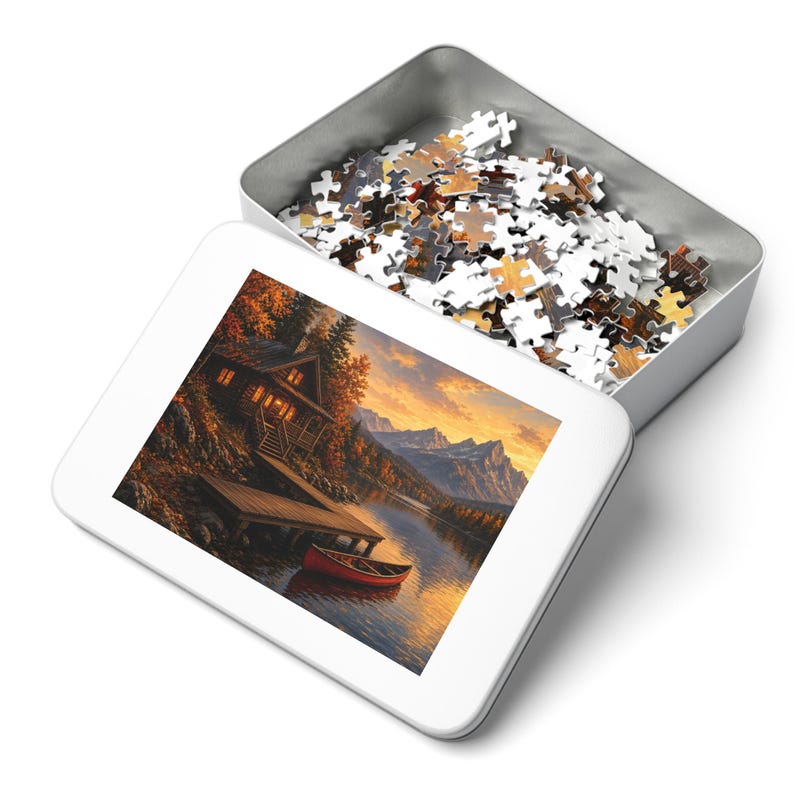 Cozy Cottage Seasons Lakeside Cabin Jigsaw Puzzle, Mountain Lake, Tin Box (252 Pieces) image 3