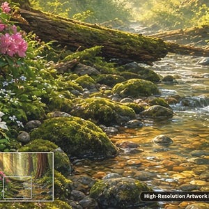May include: A detailed landscape painting featuring a sunlit forest stream flowing over smooth river stones, with a fallen log spanning the water and vibrant pink rhododendron flowers blooming on the lush green bank in the foreground.