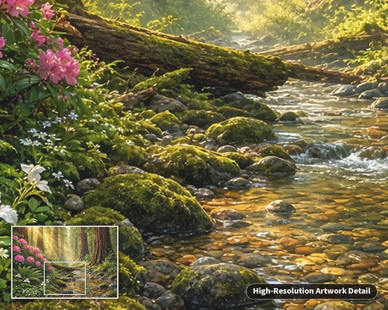 May include: A detailed landscape painting featuring a sunlit forest stream flowing over smooth river stones, with a fallen log spanning the water and vibrant pink rhododendron flowers blooming on the lush green bank in the foreground.
