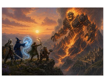 May include: A rectangular jigsaw puzzle depicting a fantasy scene with a knight, a wizard casting blue magic, an archer, and a dwarf with a hammer standing on a cliff facing a massive, glowing lava monster rising from a mountain range.